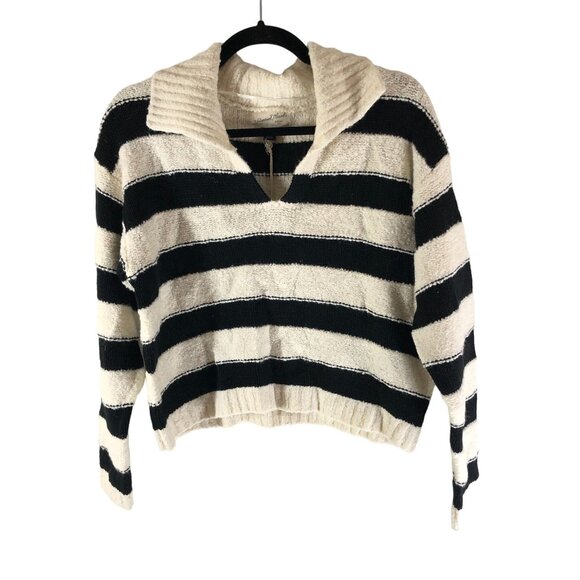 Universal Thread Womens Striped Cropped V-Neck Polo Sweater Ivory Black Size S - Picture 2 of 6